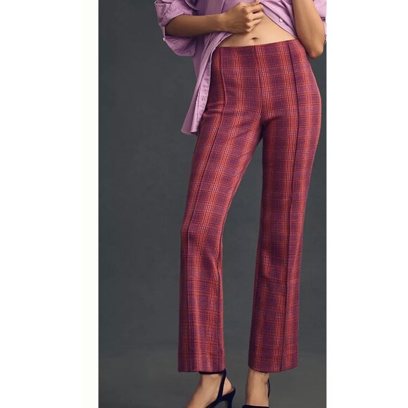 Maeve by Anthropologie The Margot Pants Small Red Purple Plaid Knit Flare Croppe - Picture 1 of 15